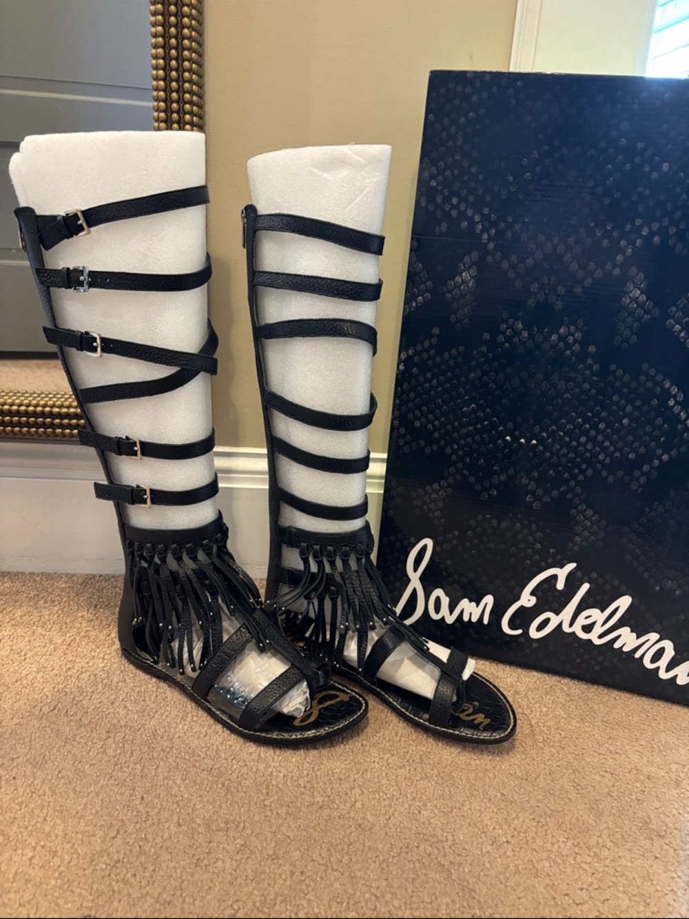 Sam Edelman Black Knee-High Fringe Gladiator Boots